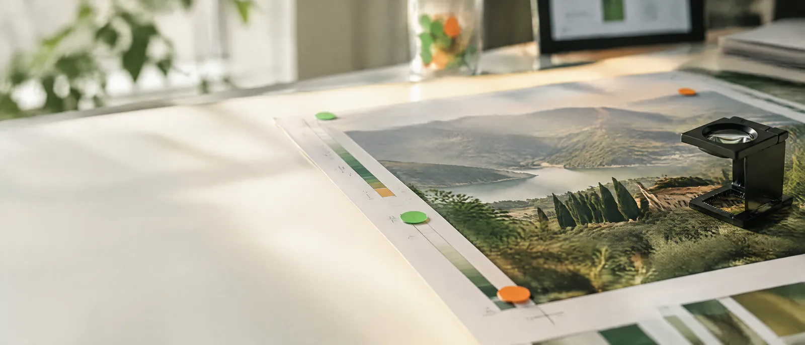 A printed proof on a light table with small markers on the spots that need changes